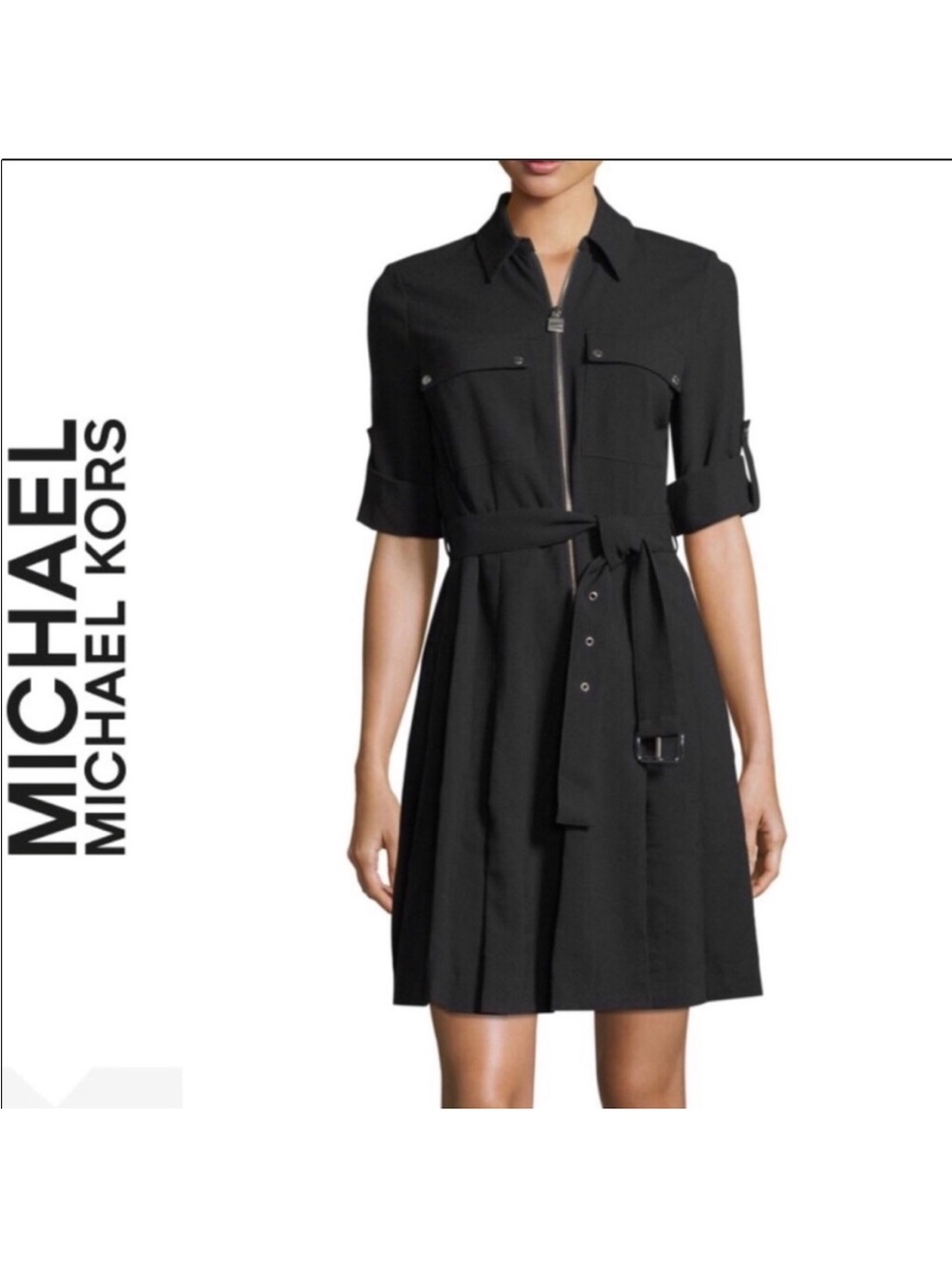 Michael Kors Black Zip-Front Belted Shirt Dress